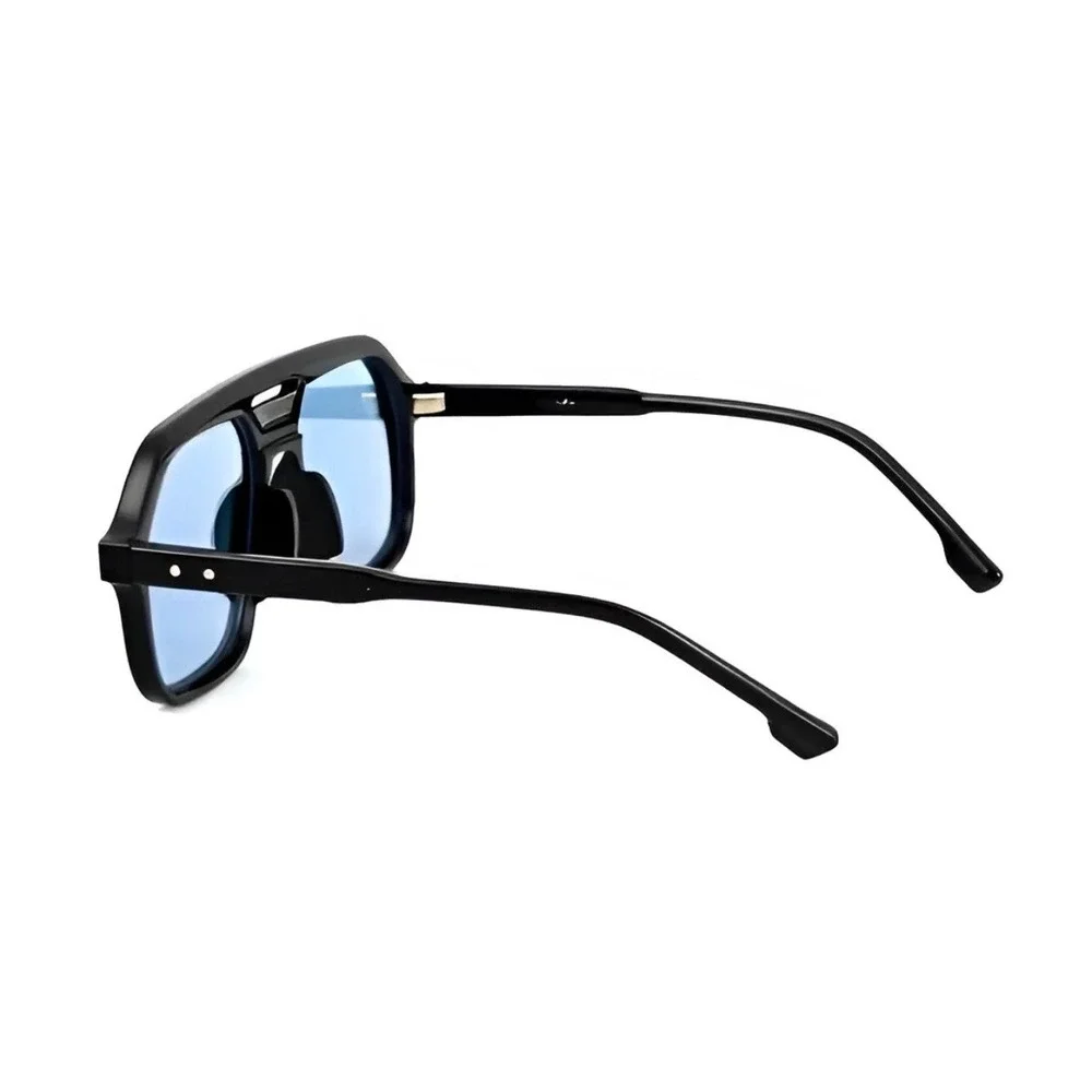 Black Oversize Square Aviator Sunglasses Blue Tinted Lens Flat Top Double Bridge
